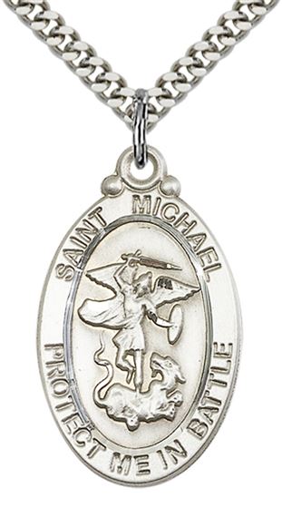 STERLING SILVER ST MICHAEL PENDANT ON A CHAIN - 1 1/8" x 5/8"